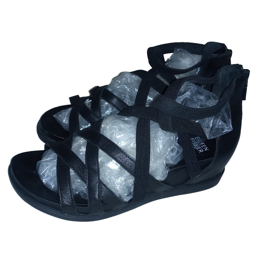 Eileen Fisher US 7 Flat Airy Black Leather Strappy Stretchy Cage Sandals Women
